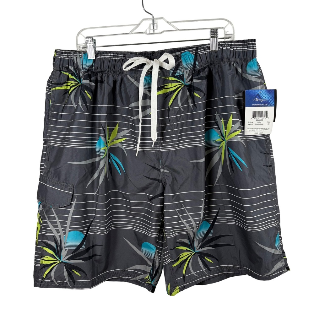 NWT Kanu Surf Men's Board Shorts Size 2X‎ Belair Swim Trunks Gray Tropical Print